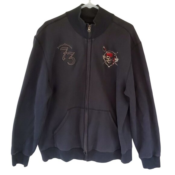 DISNEY Pirates of the Caribbean Full Zip Sweatshirt Mens XL Black Embroider Knit - Picture 2 of 10